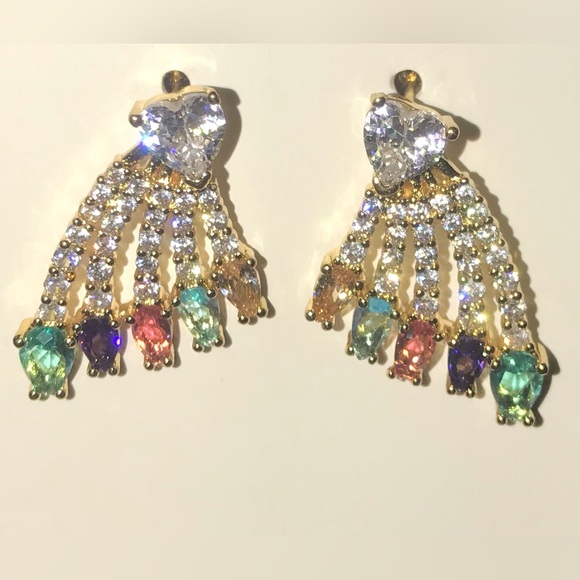 “Bursting Rainbow Heart” Multicolor Crystal Radiating Beams Gold Steel Love Stud - Picture 8 of 11